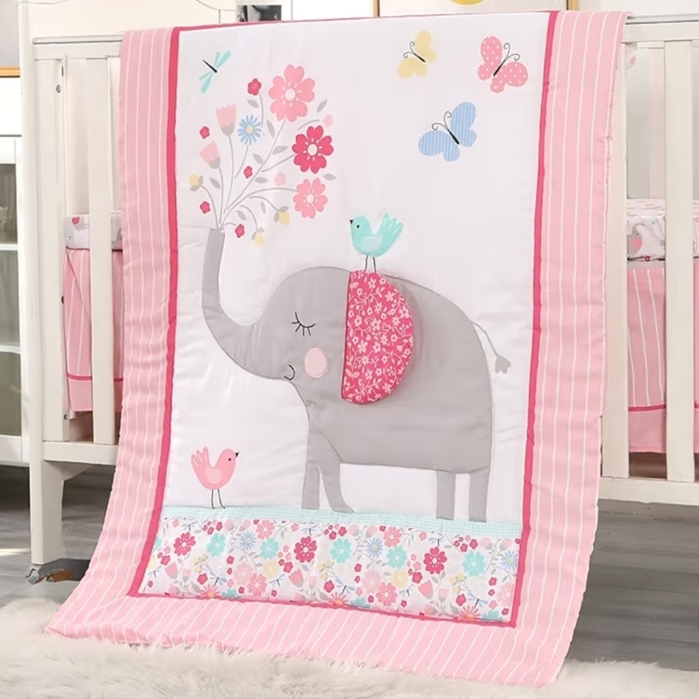 NWT Elephant Floral and Striped Crib Bedding Set